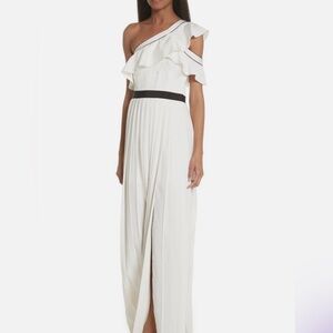 Self- Portrait White Black Pleated Ruffle One Shoulder Maxi Gown
